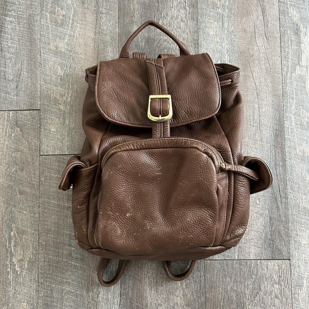 Handmade Genuine Leather Drawstring Backpack Brown Vintage Multi Pocket